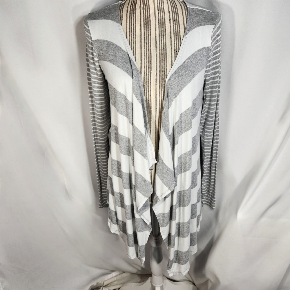 Joan Vass New York Grey & White Striped Open Front Long Sleeve Cardigan Sz Small